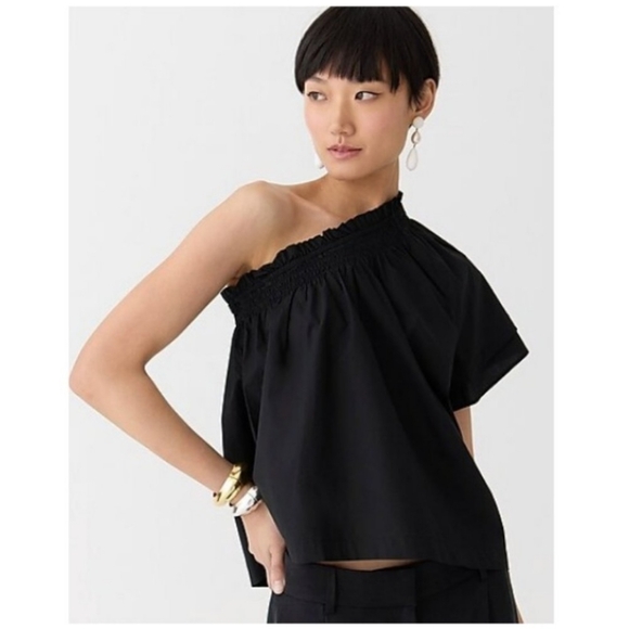 J Crew Smocked One Shoulder Cotton Poplin Summer Blouse Top NWT Solid Black Sz L - Picture 1 of 15